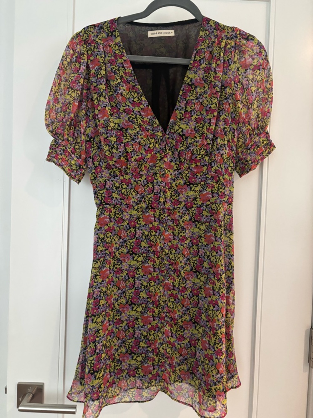 Floral Puff-Sleeve Mini Dress in Pink & Green
